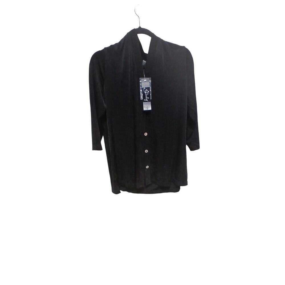 Slinky Brand NWT Vintage 90's Women's Black 3/4 Sleeve Button Front Blouse Large - Picture 2 of 9